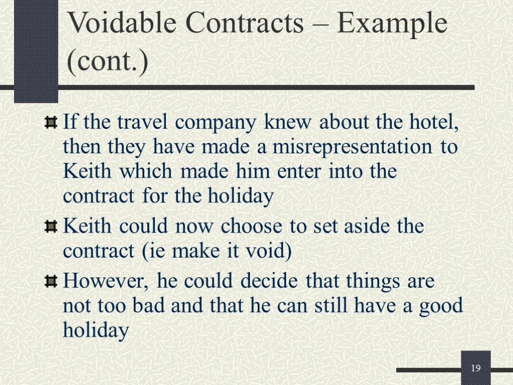 19 Voidable Contracts – Example (cont.) If the travel company knew about the hotel,